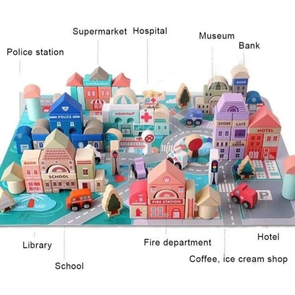 Wooden Building Blocks Set City Construction Stacking Preschool Montessori Learn